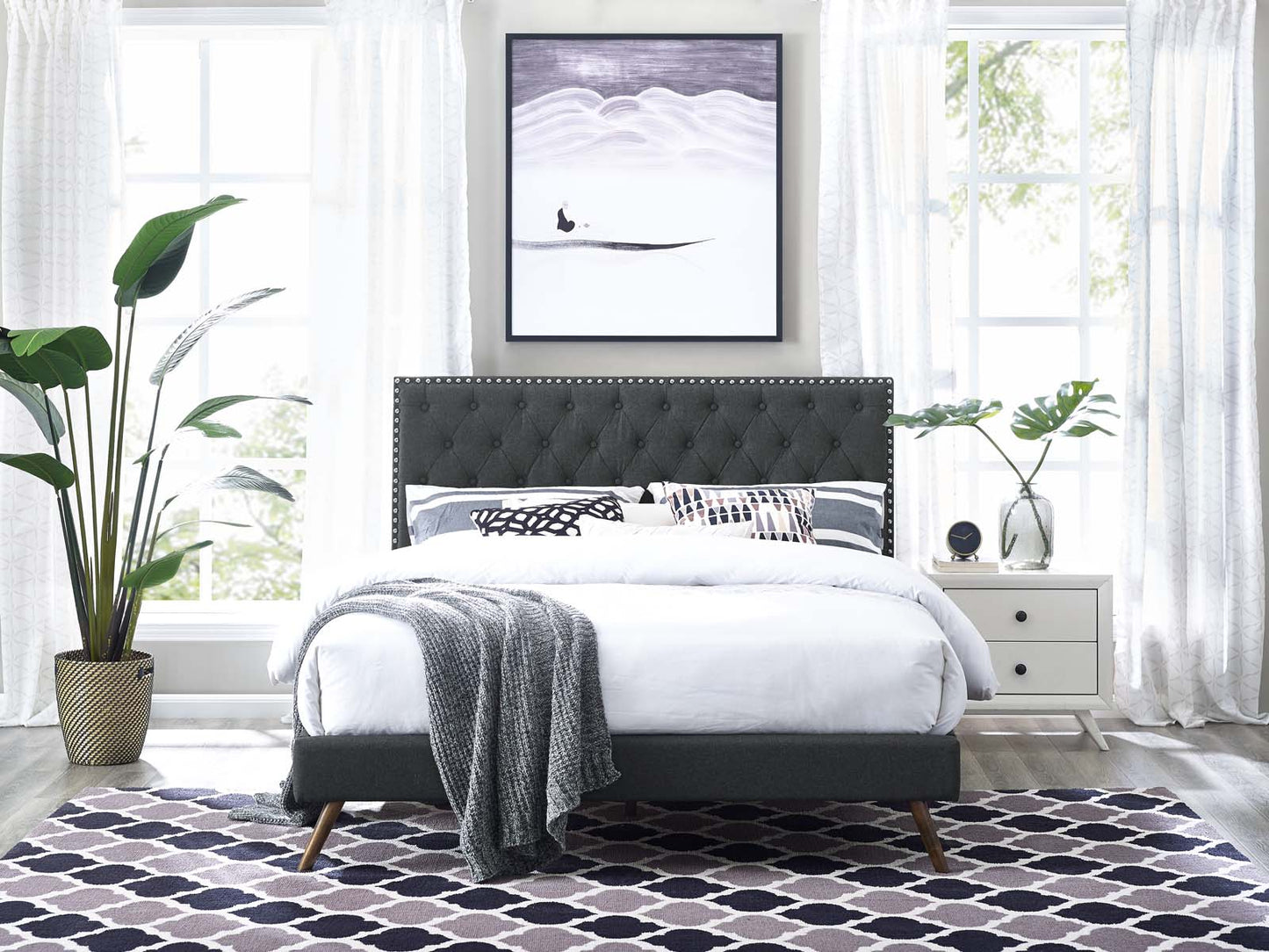 Helena Tufted Twin Upholstered Linen Fabric Headboard, Fabric, Grey Gray, 17681