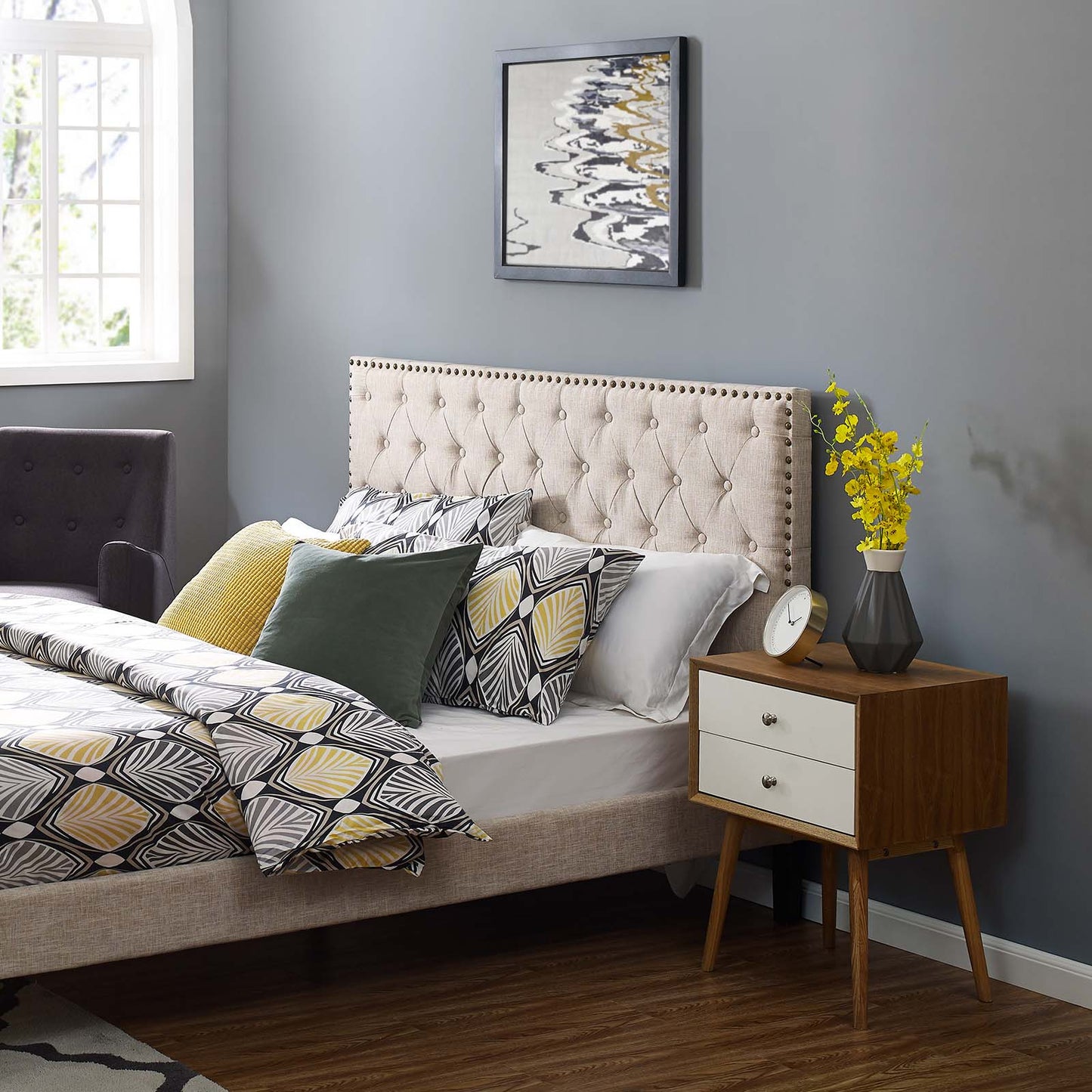 Helena Tufted Full / Queen Upholstered Linen Fabric Headboard, Fabric, Beige, 17685