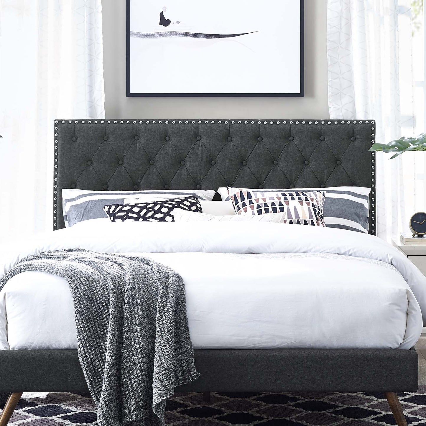 Helena Tufted Full / Queen Upholstered Linen Fabric Headboard, Fabric, Grey Gray, 17686