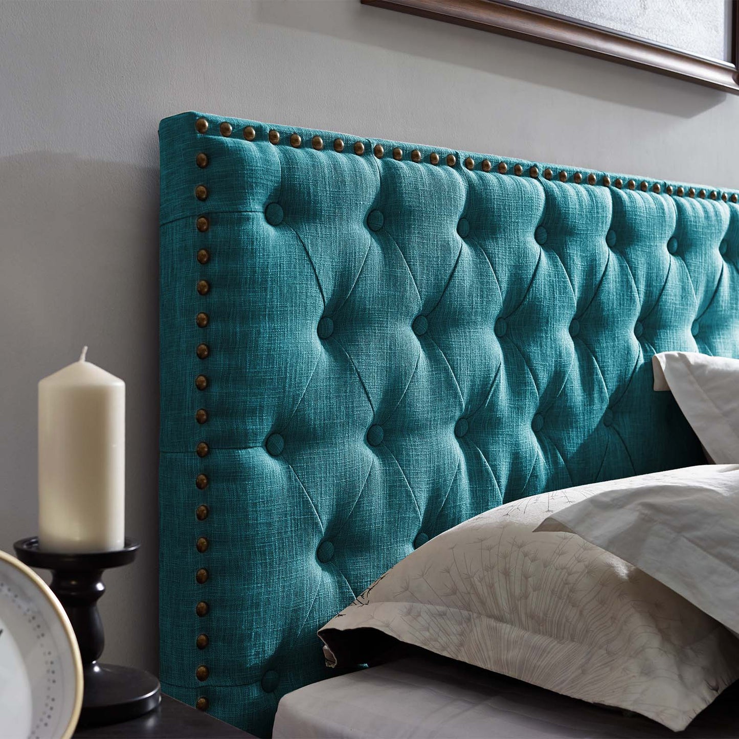 Helena Tufted Full / Queen Upholstered Linen Fabric Headboard, Fabric, Aqua Blue, 17687
