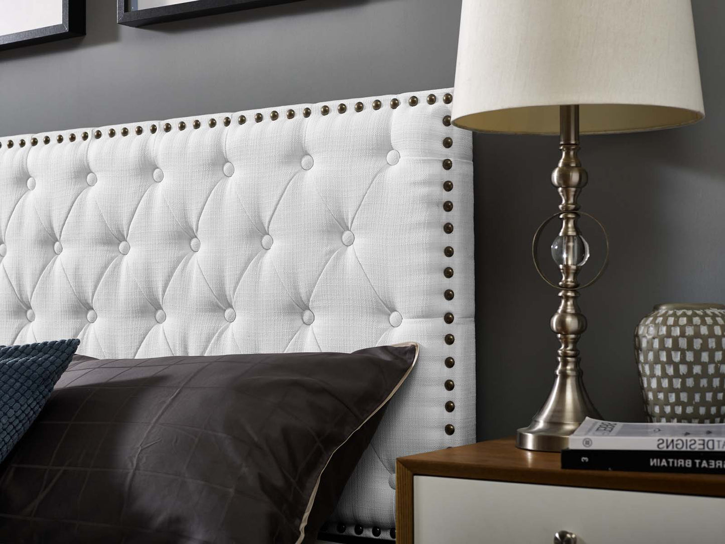 Helena Tufted King and California King Upholstered Linen Fabric Headboard, Fabric, White, 17693