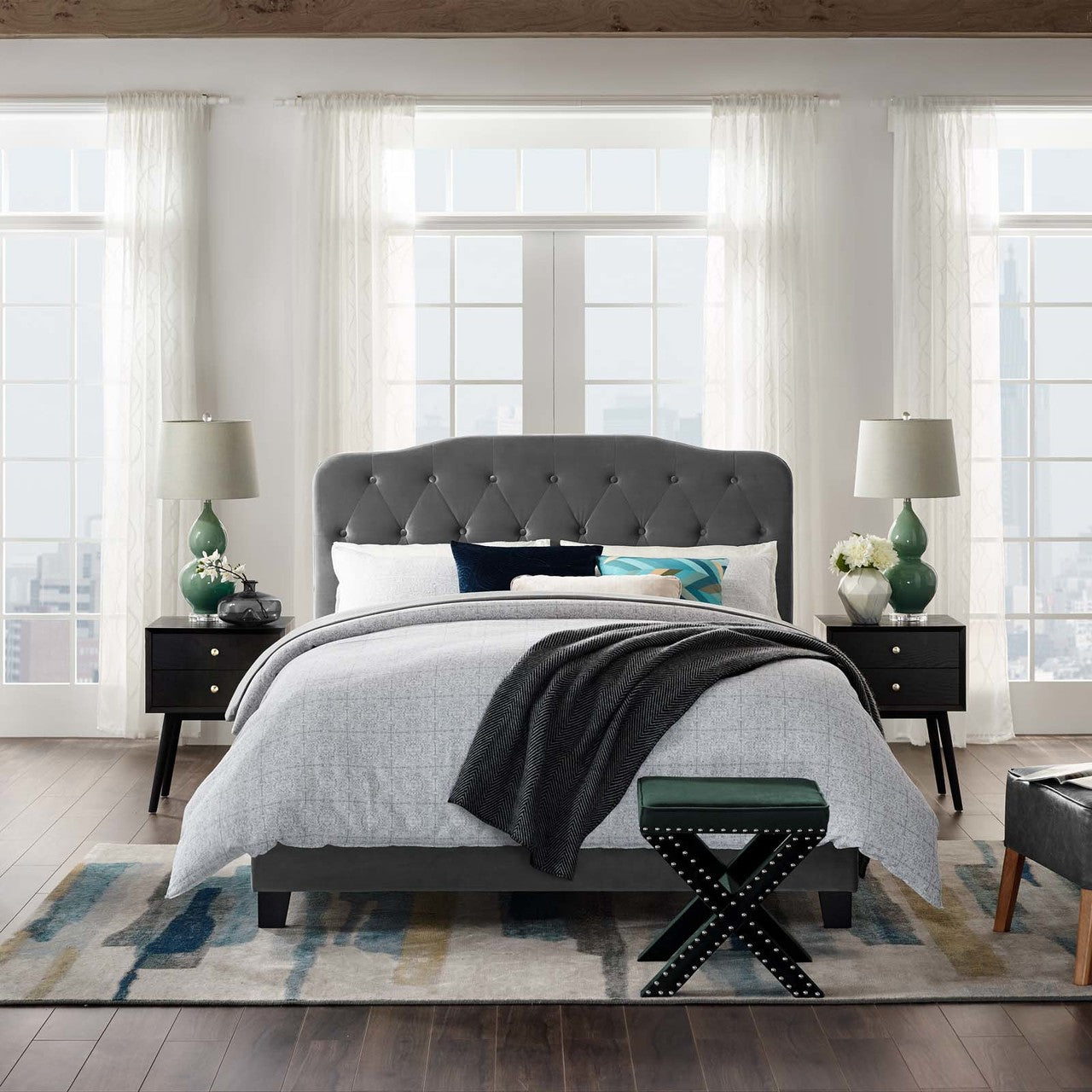 Amelia King Upholstered Velvet Bed, King Size, Velvet Fabric, Grey Gray, 15502