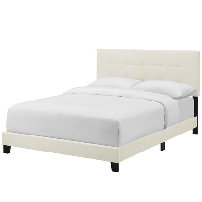 Amira Queen Upholstered Velvet Bed, Queen Size, Velvet Fabric, Ivory White, 15086