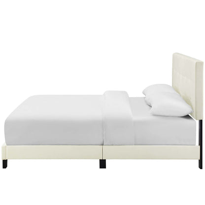 Amira Queen Upholstered Velvet Bed, Queen Size, Velvet Fabric, Ivory White, 15086