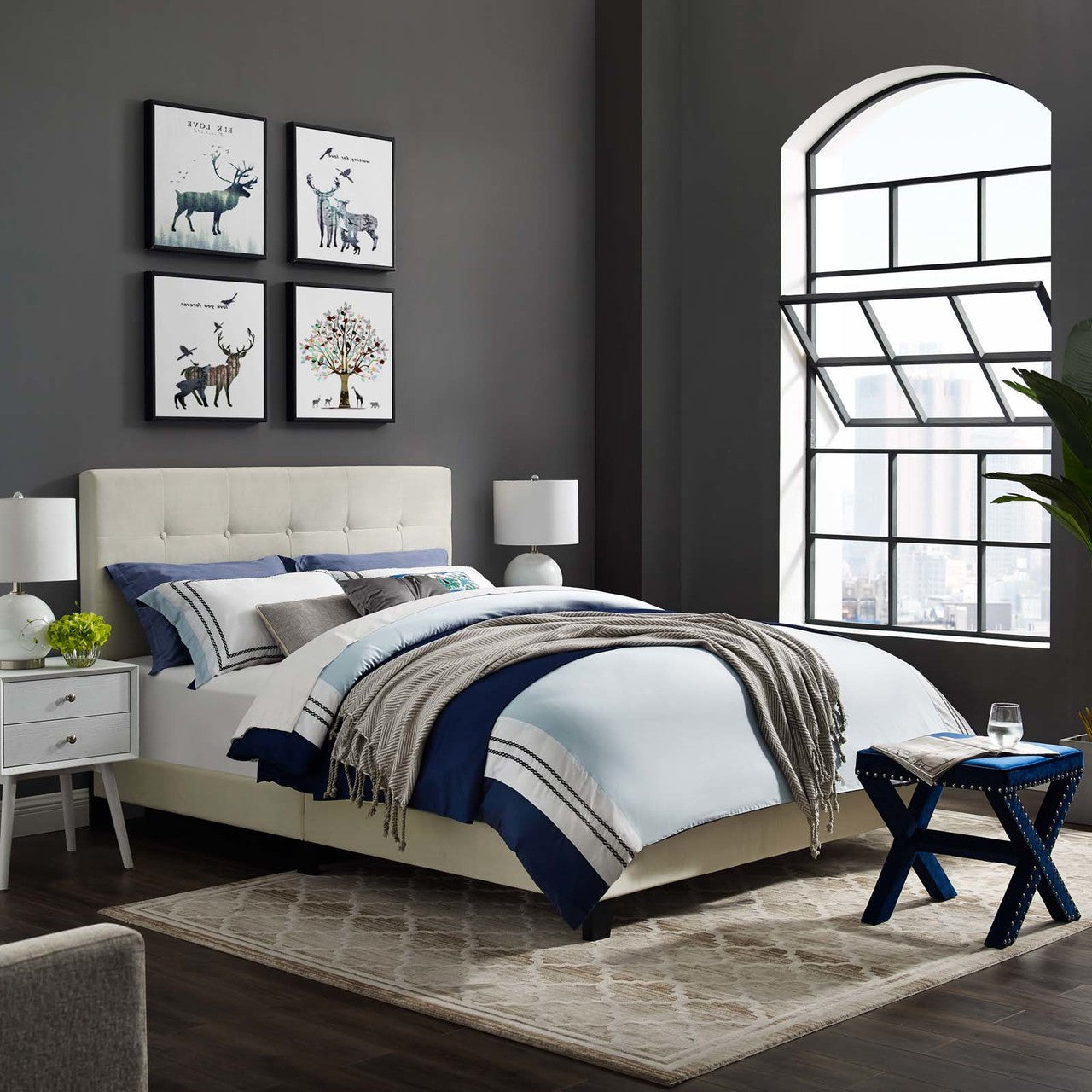 Amira Queen Upholstered Velvet Bed, Queen Size, Velvet Fabric, Ivory White, 15086