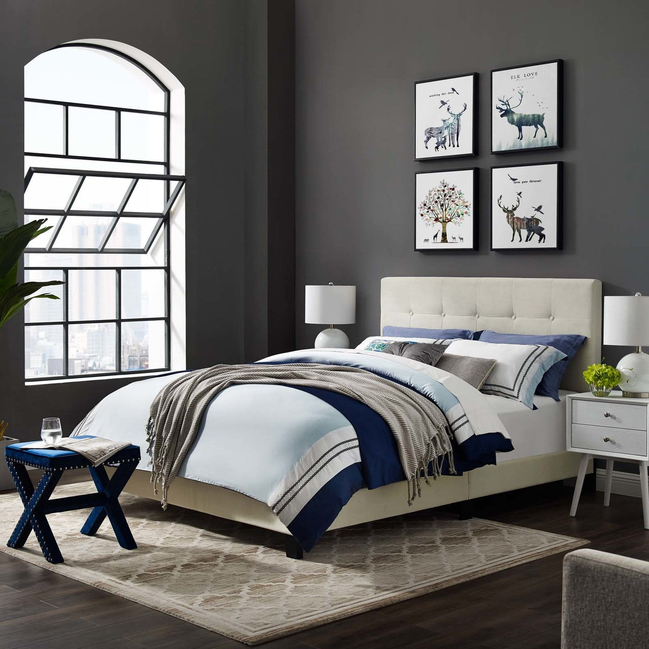 Amira King Upholstered Velvet Bed, King Size, Velvet Fabric, Ivory White, 15506