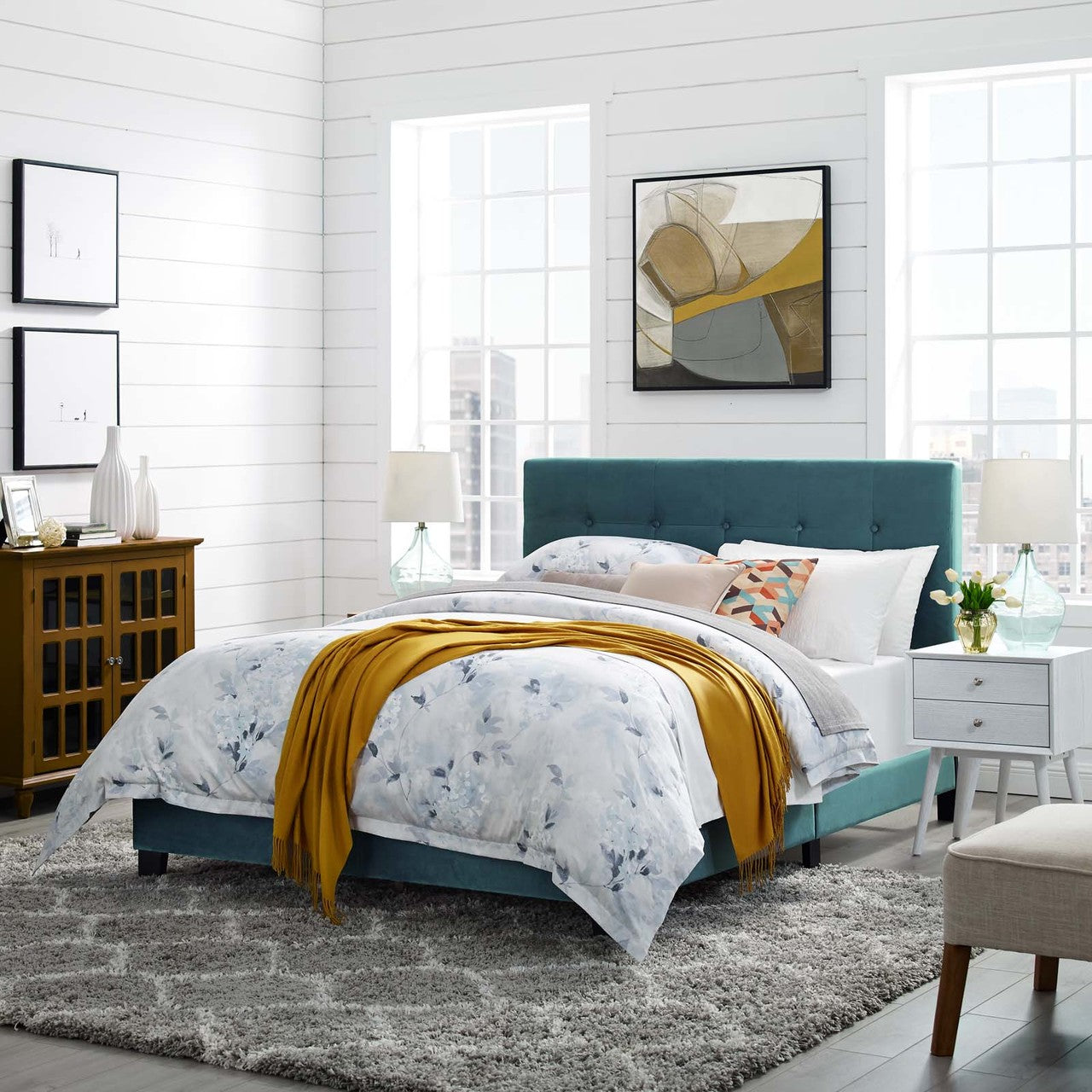 Amira King Upholstered Velvet Bed, King Size, Velvet Fabric, Blue, 15508