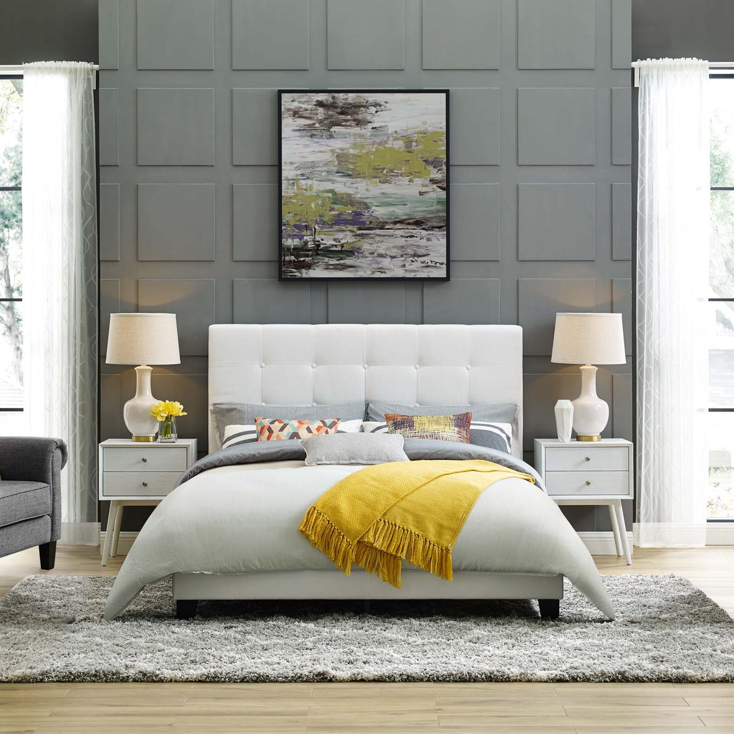 Melanie Twin Tufted Button Upholstered Fabric Platform Bed, Fabric, White, 17708