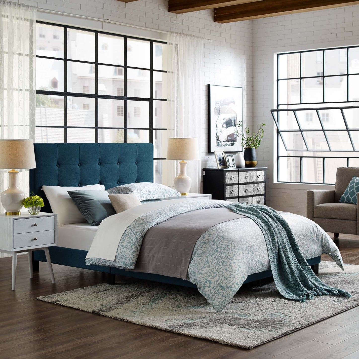 Melanie Full Tufted Button Upholstered Fabric Platform Bed, Fabric, Navy Blue, 17709