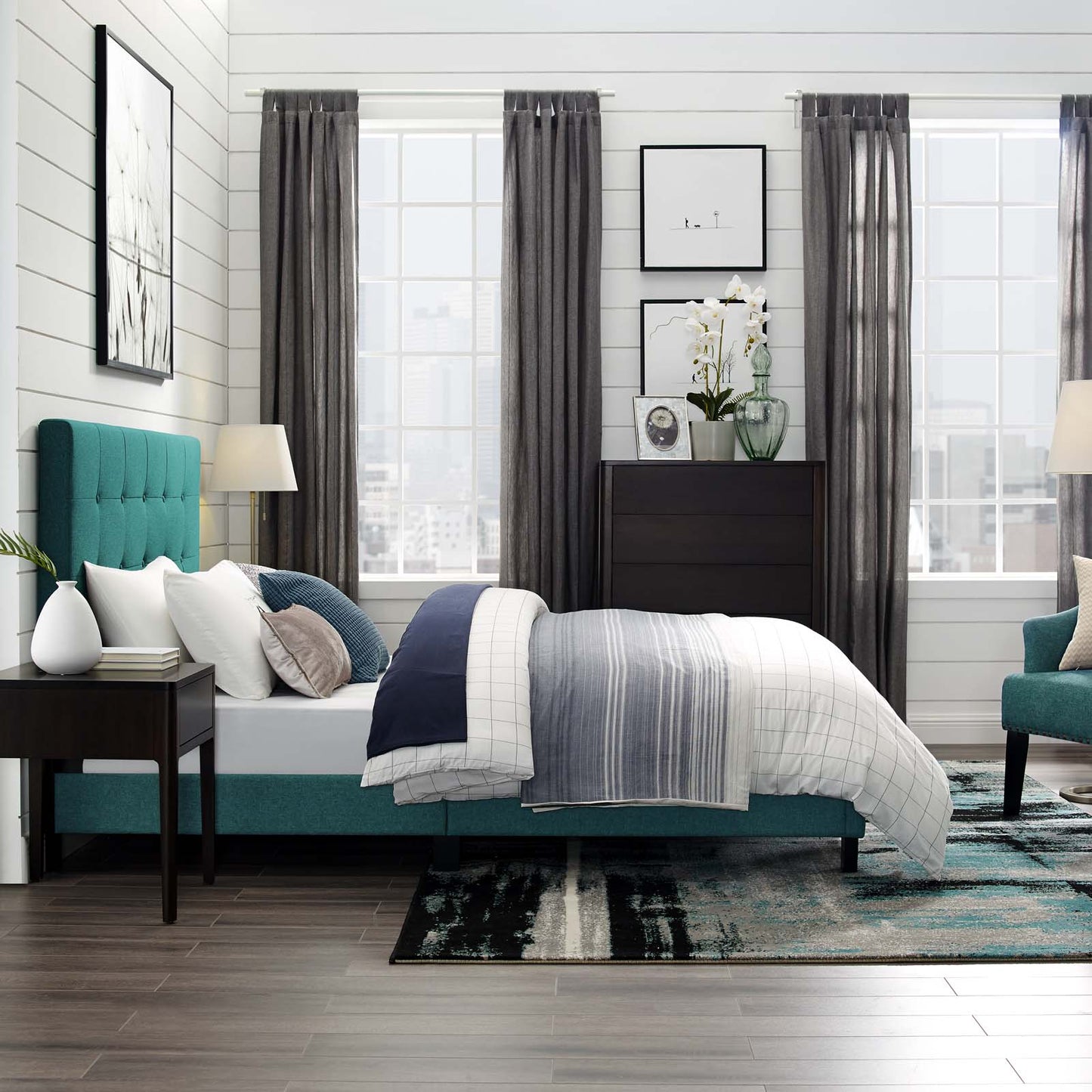 Melanie Full Tufted Button Upholstered Fabric Platform Bed, Fabric, Aqua Blue, 17712