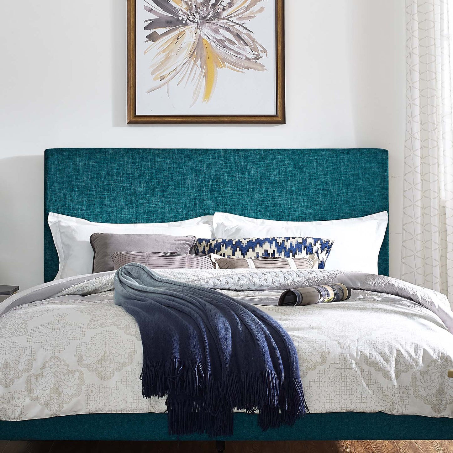 Taylor Full / Queen Upholstered Linen Fabric Headboard, Fabric, Aqua Blue, 17721