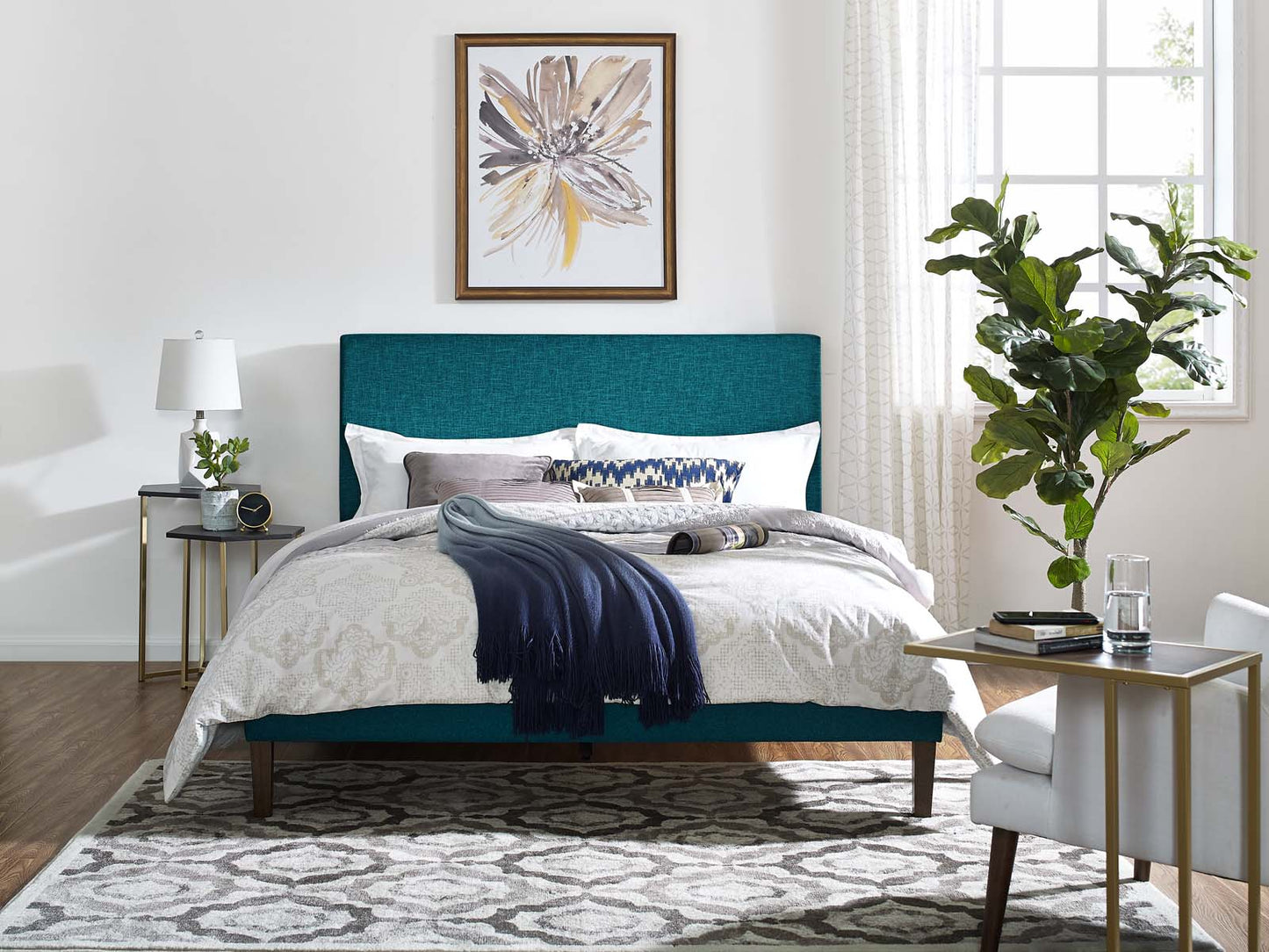 Taylor King and California King Upholstered Linen Fabric Headboard, Fabric, Aqua Blue, 17729