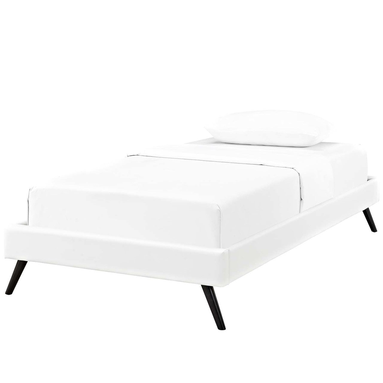 Loryn Twin Vinyl Bed Frame with Round Splayed Legs, Twin Size, Faux Vinyl Leather, White, 14459