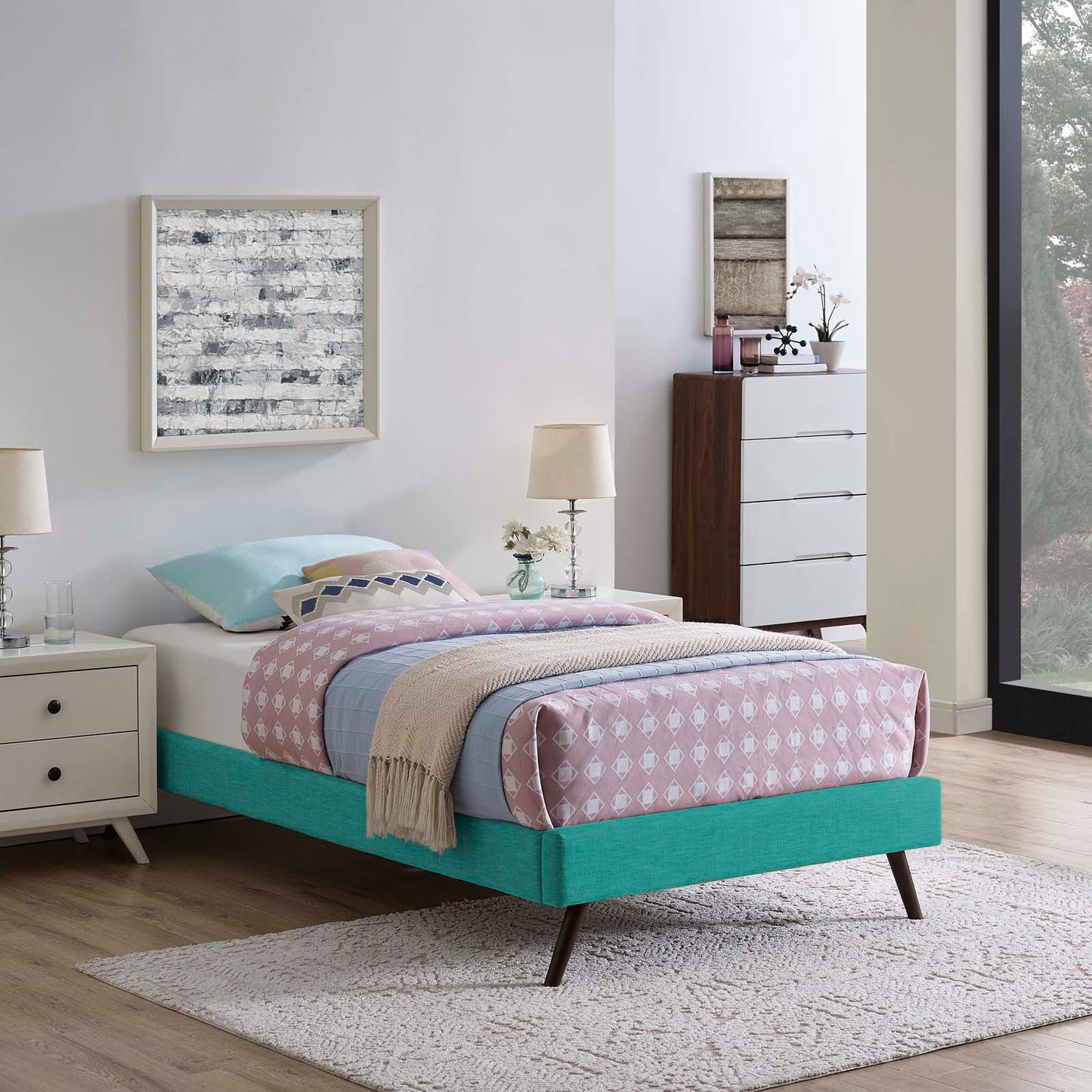 Loryn Twin Fabric Bed Frame with Round Splayed Legs, Fabric, Teal Blue, 21257