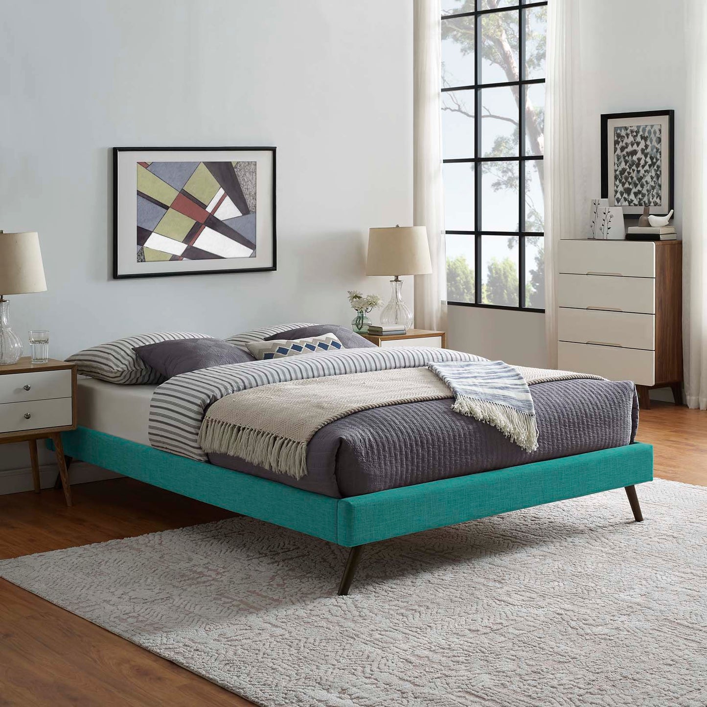 Loryn Queen Fabric Bed Frame with Round Splayed Legs, Fabric, Teal Blue, 21259