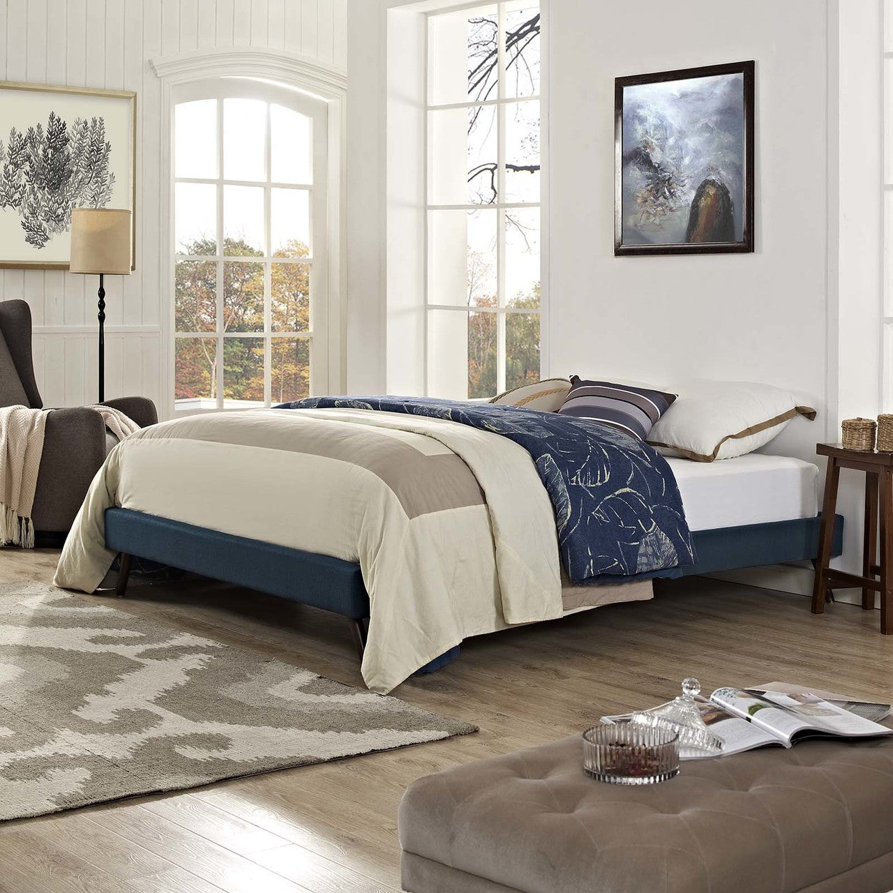 Loryn King Fabric Bed Frame with Round Splayed Legs, King Size, Fabric, Navy Blue, 14475