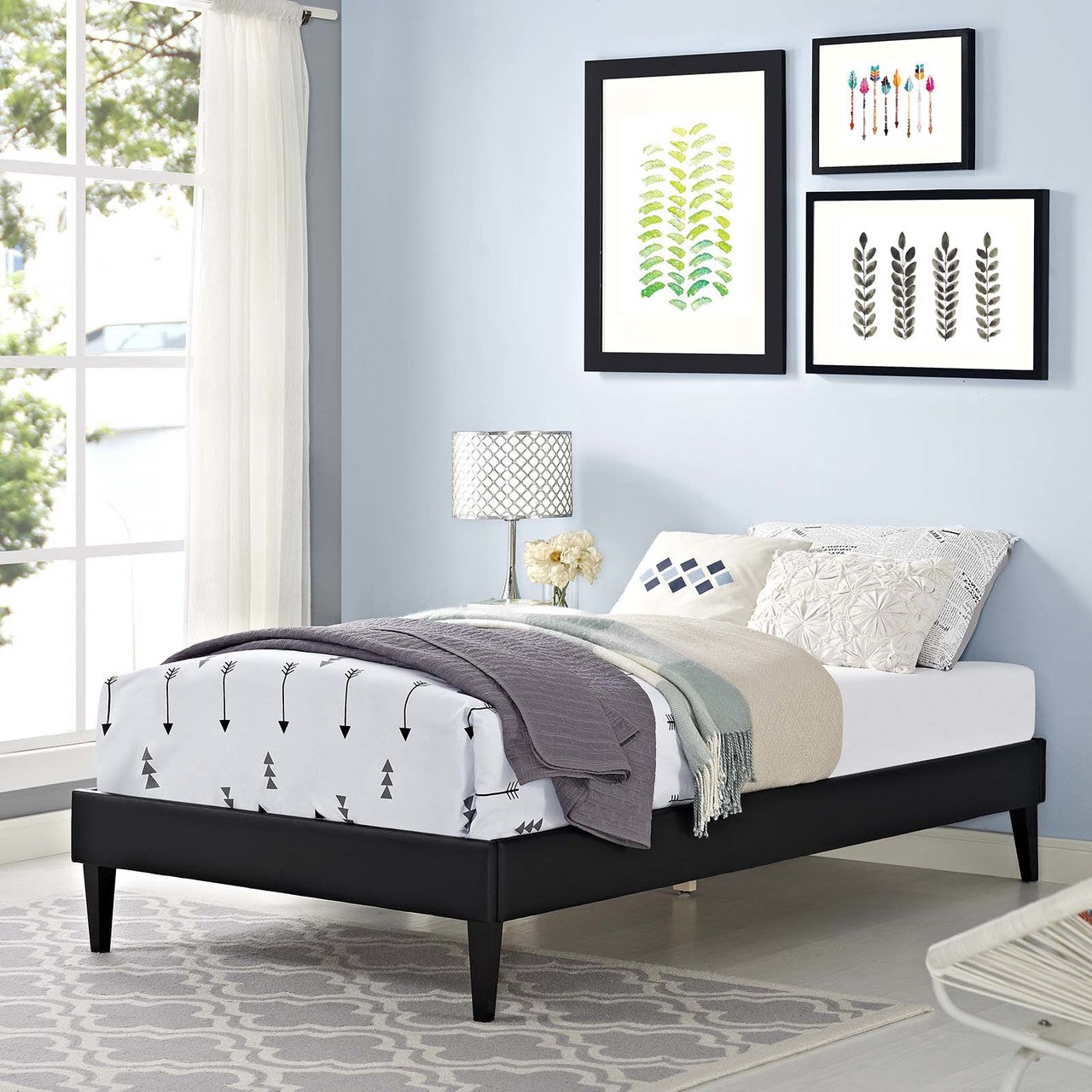 Tessie Twin Vinyl Bed Frame with Squared Tapered Legs, Twin Size, Faux Vinyl Leather, Black, 14478