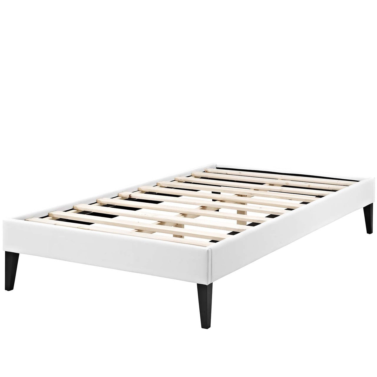 Tessie Twin Vinyl Bed Frame with Squared Tapered Legs, Twin Size, Faux Vinyl Leather, White, 14479