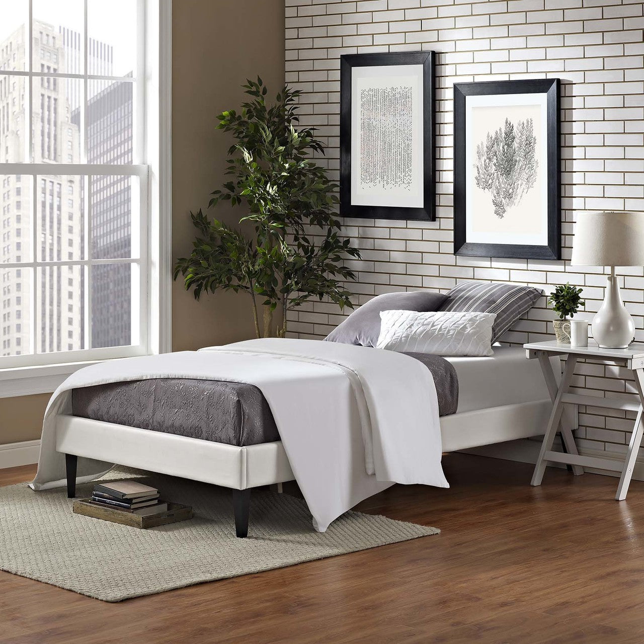 Tessie Twin Vinyl Bed Frame with Squared Tapered Legs, Twin Size, Faux Vinyl Leather, White, 14479