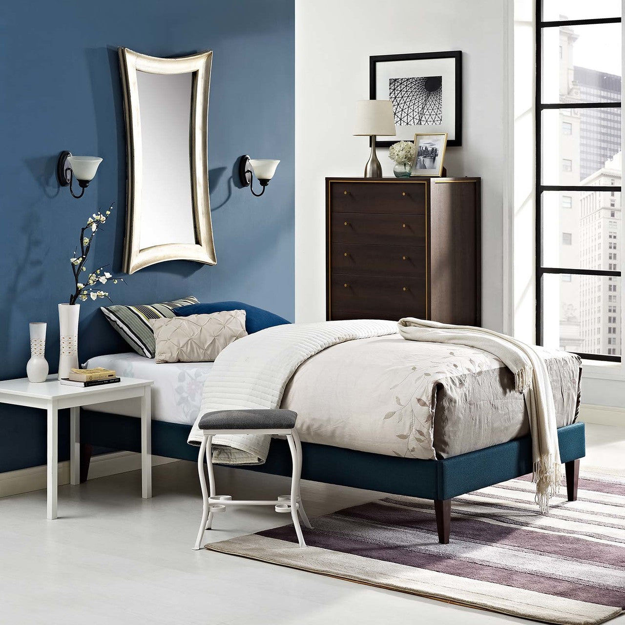 Tessie Twin Fabric Bed Frame with Squared Tapered Legs, Twin Size, Fabric, Navy Blue, 14480