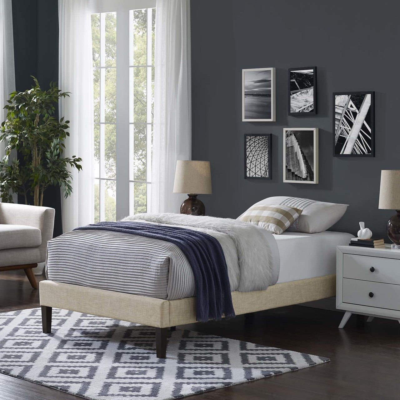 Tessie Twin Fabric Bed Frame with Squared Tapered Legs, Twin Size, Fabric, Beige, 14481