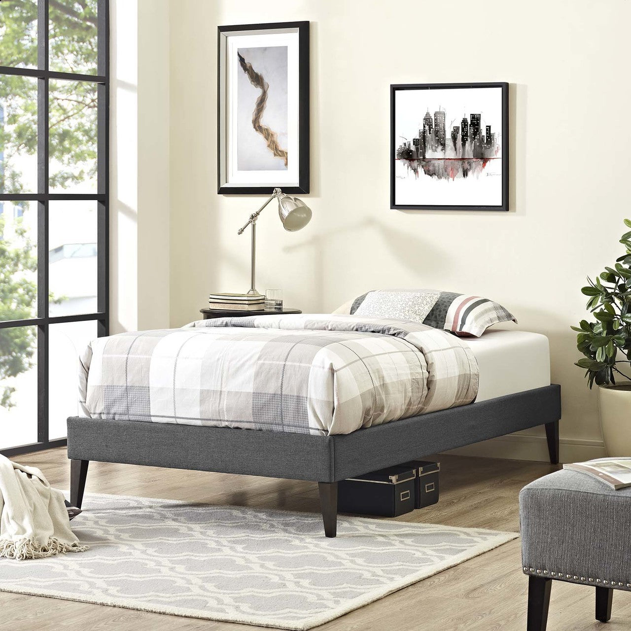 Tessie Twin Fabric Bed Frame with Squared Tapered Legs, Twin Size, Fabric, Grey Gray, 14482