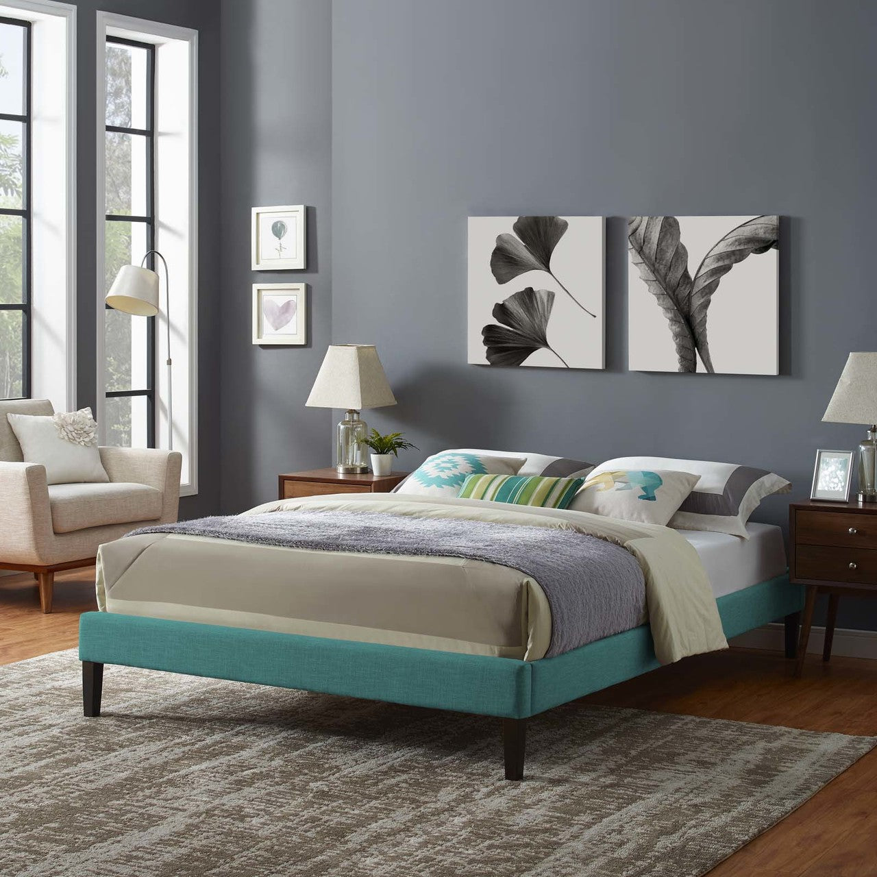 Tessie Full Fabric Bed Frame with Squared Tapered Legs, Full Size, Fabric, Aqua Blue, 15092
