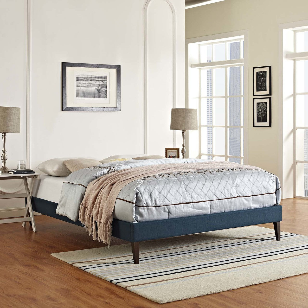 Tessie Queen Fabric Bed Frame with Squared Tapered Legs, Queen Size, Fabric, Navy Blue, 14488