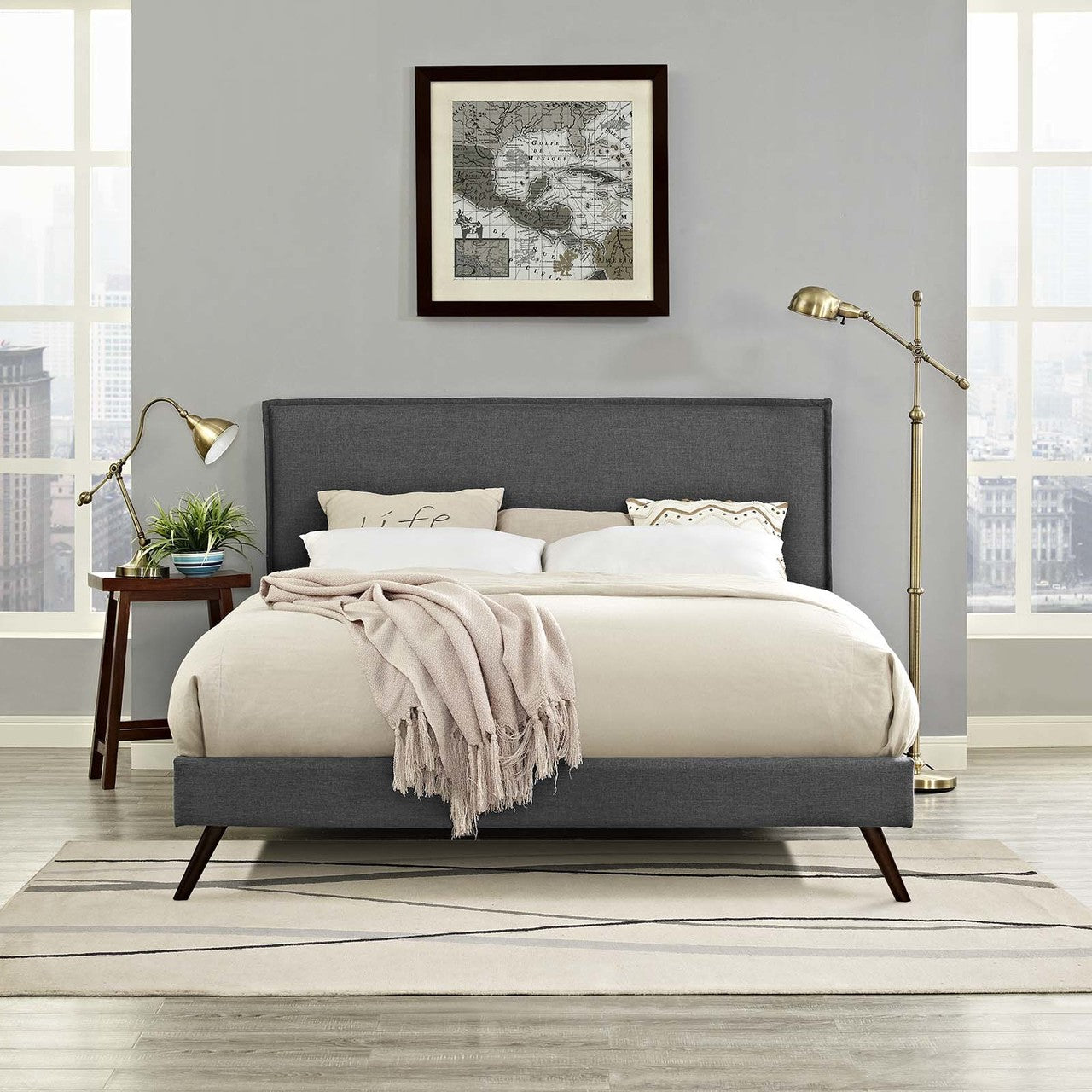 Amaris Full Fabric Platform Bed with Round Splayed Legs, Full Size, Fabric, Grey Gray, 14503