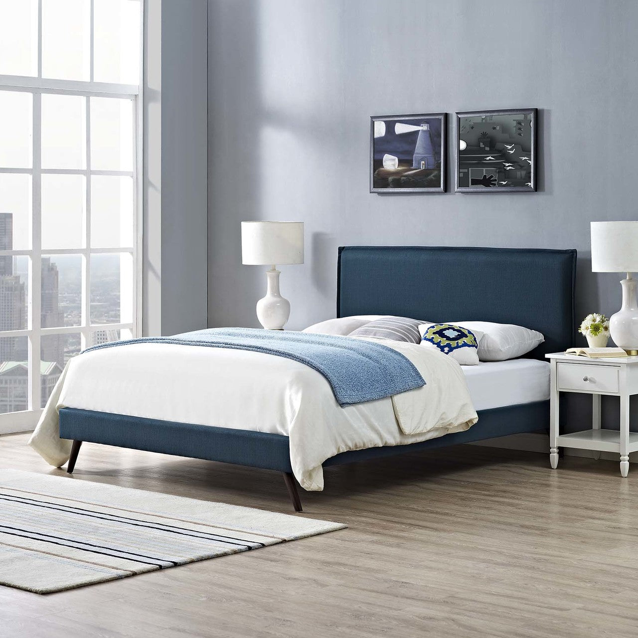 Amaris Queen Fabric Platform Bed with Round Splayed Legs, Queen Size, Fabric, Navy Blue, 14504