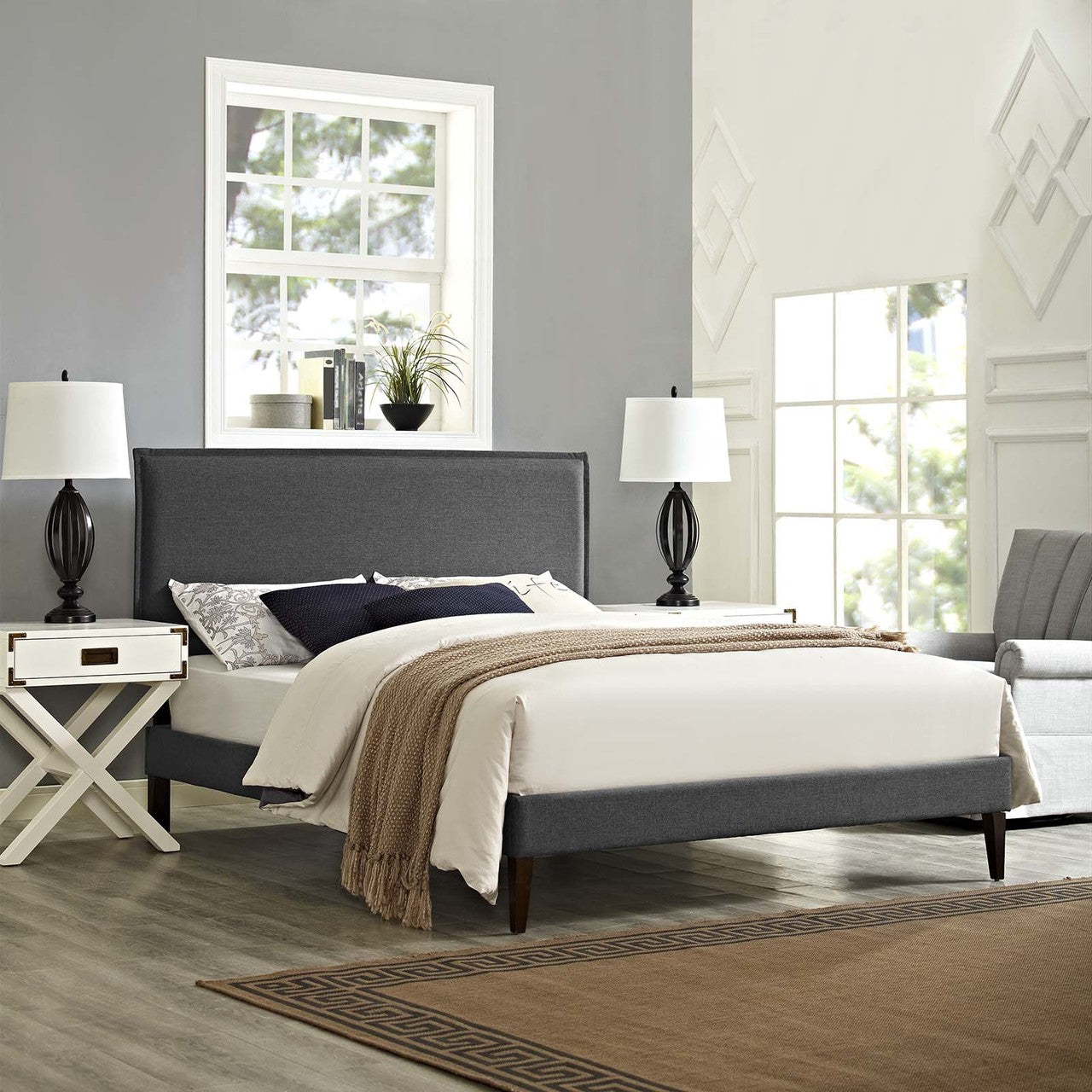 Amaris Queen Fabric Platform Bed with Squared Tapered Legs, Queen Size, Fabric, Grey Gray, 14518