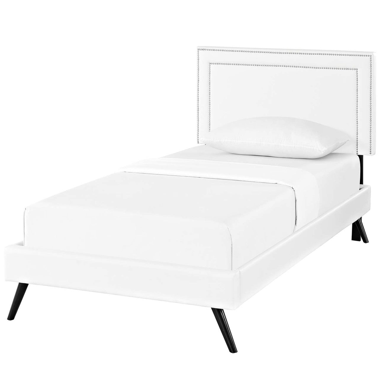 Virginia Twin Vinyl Platform Bed with Round Splayed Legs, Twin Size, Faux Vinyl Leather Nail Rivet, White, 14523