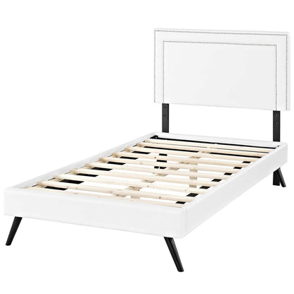 Virginia Twin Vinyl Platform Bed with Round Splayed Legs, Twin Size, Faux Vinyl Leather Nail Rivet, White, 14523