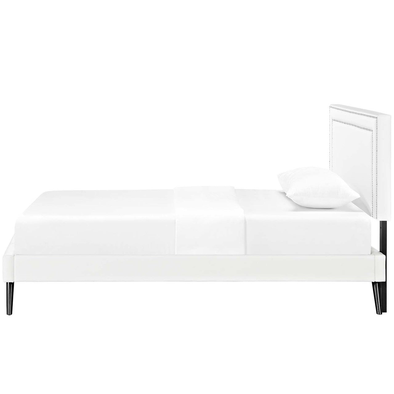 Virginia Twin Vinyl Platform Bed with Round Splayed Legs, Twin Size, Faux Vinyl Leather Nail Rivet, White, 14523