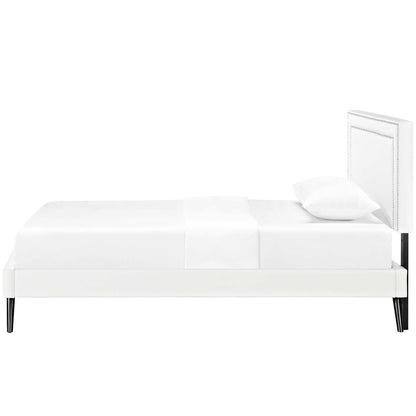 Virginia Twin Vinyl Platform Bed with Round Splayed Legs, Twin Size, Faux Vinyl Leather Nail Rivet, White, 14523