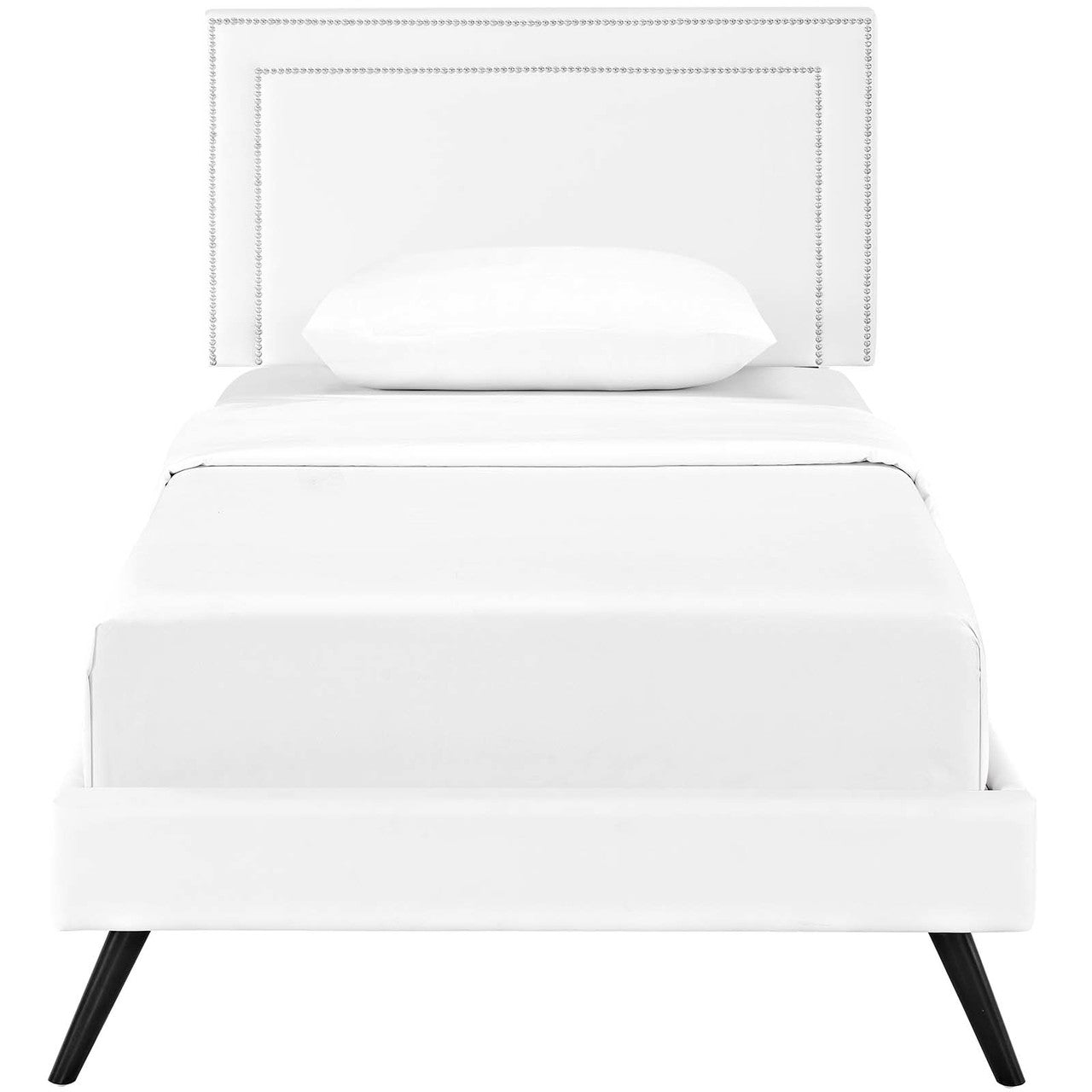 Virginia Twin Vinyl Platform Bed with Round Splayed Legs, Twin Size, Faux Vinyl Leather Nail Rivet, White, 14523
