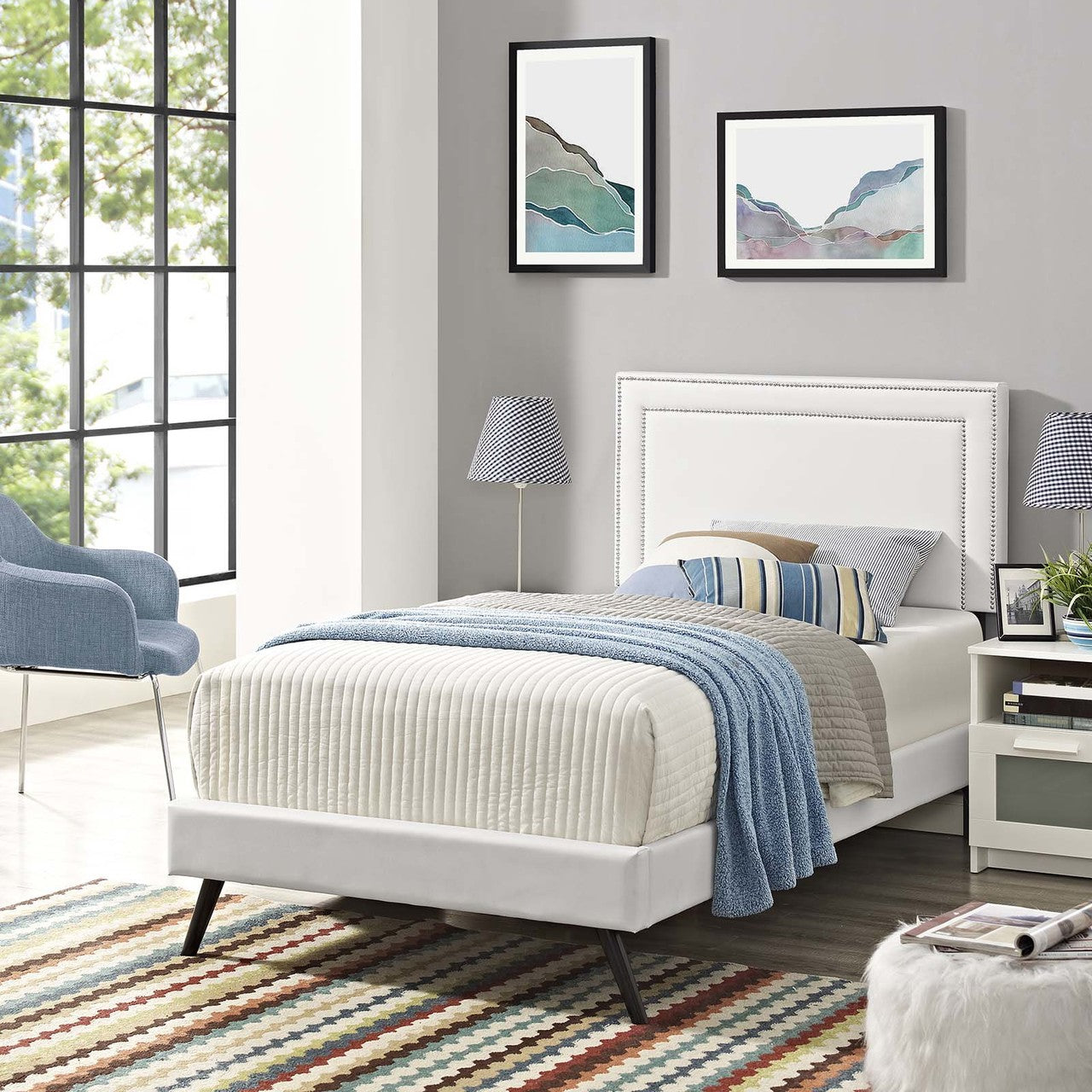 Virginia Twin Vinyl Platform Bed with Round Splayed Legs, Twin Size, Faux Vinyl Leather Nail Rivet, White, 14523