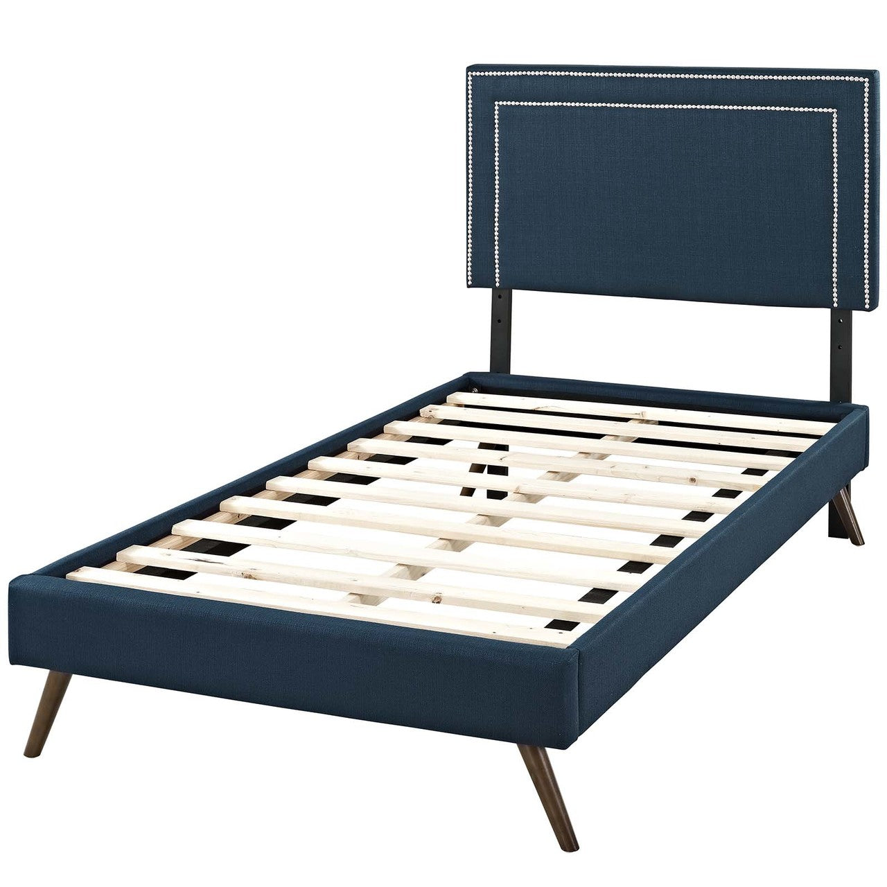 Virginia Twin Fabric Platform Bed with Round Splayed Legs, Twin Size, Fabric, Navy Blue, 14524