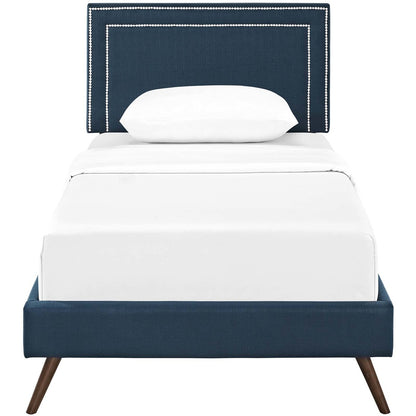 Virginia Twin Fabric Platform Bed with Round Splayed Legs, Twin Size, Fabric, Navy Blue, 14524