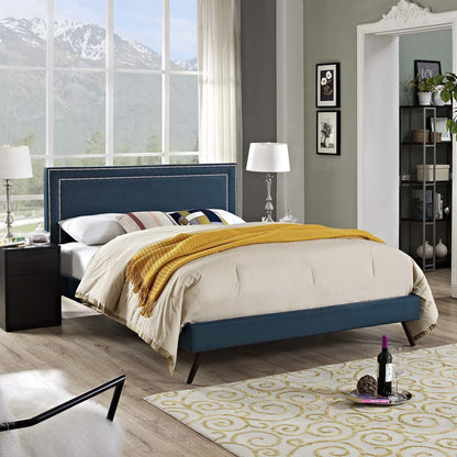 Virginia King Fabric Platform Bed with Round Splayed Legs, King Size, Fabric, Navy Blue, 14539