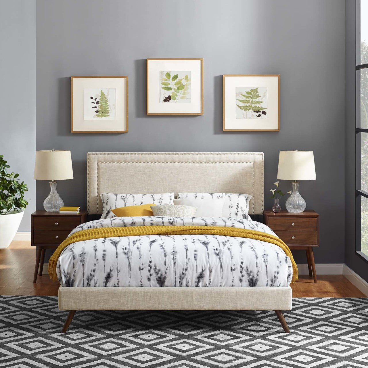 Virginia King Fabric Platform Bed with Round Splayed Legs, King Size, Fabric, Beige, 14540