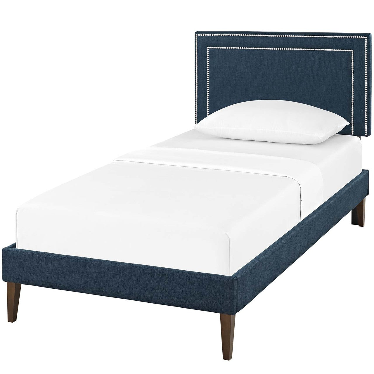 Virginia Twin Fabric Platform Bed with Squared Tapered Legs, Twin Size, Fabric, Navy Blue, 14544