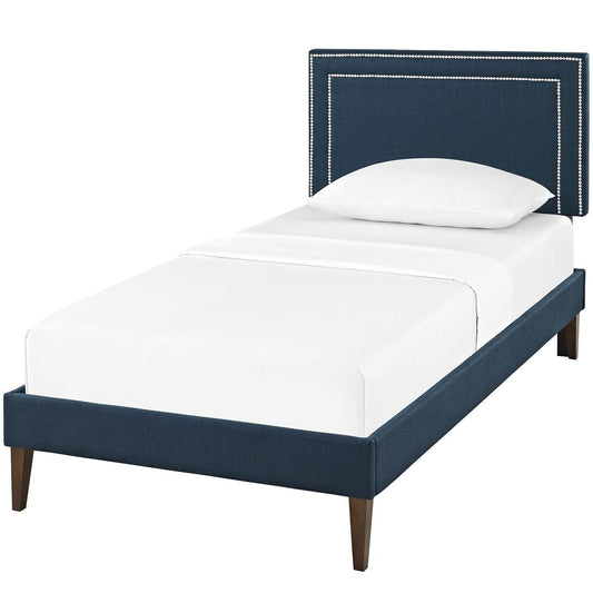 Virginia Twin Fabric Platform Bed with Squared Tapered Legs, Twin Size, Fabric, Navy Blue, 14544