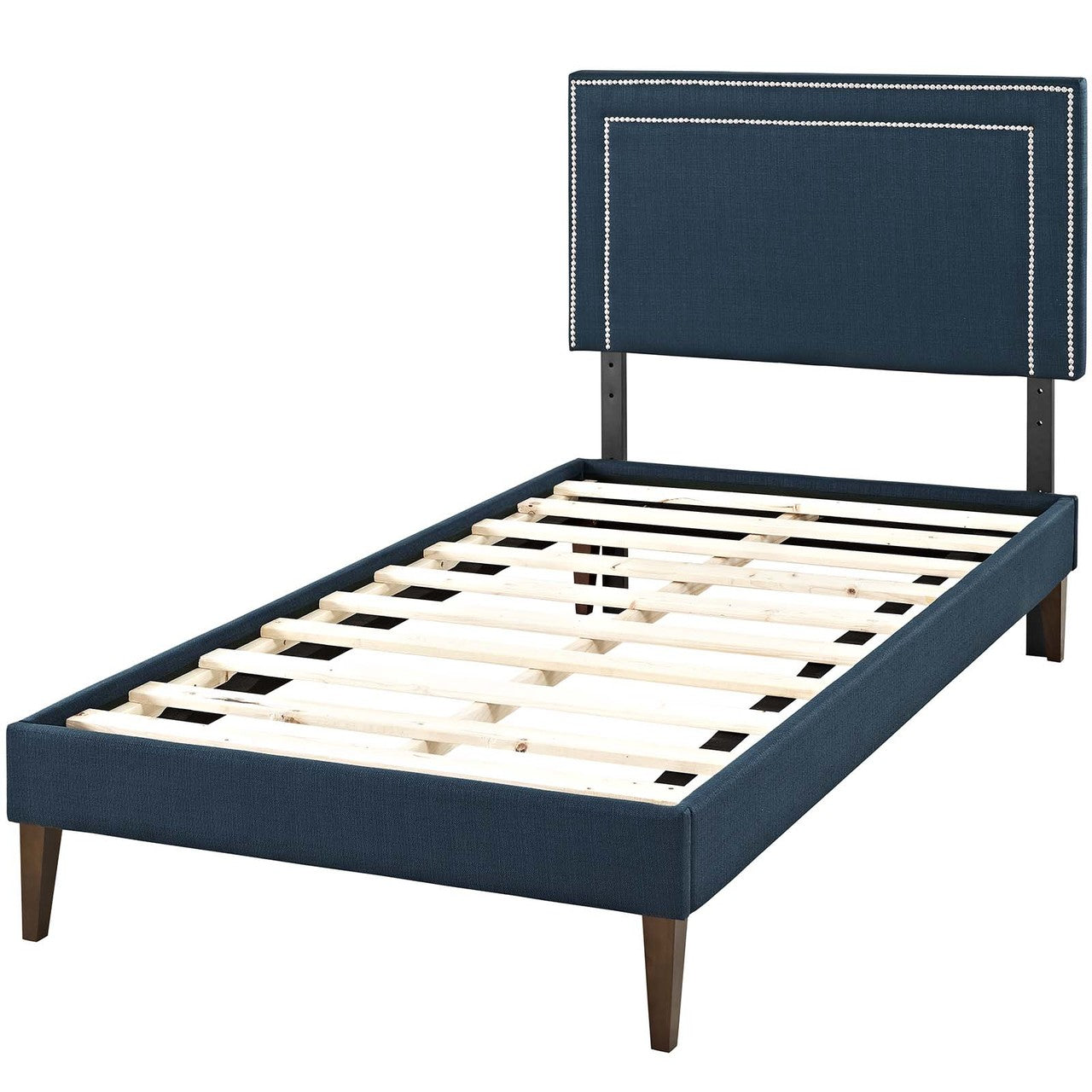 Virginia Twin Fabric Platform Bed with Squared Tapered Legs, Twin Size, Fabric, Navy Blue, 14544