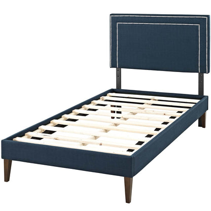 Virginia Twin Fabric Platform Bed with Squared Tapered Legs, Twin Size, Fabric, Navy Blue, 14544