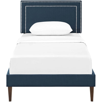 Virginia Twin Fabric Platform Bed with Squared Tapered Legs, Twin Size, Fabric, Navy Blue, 14544