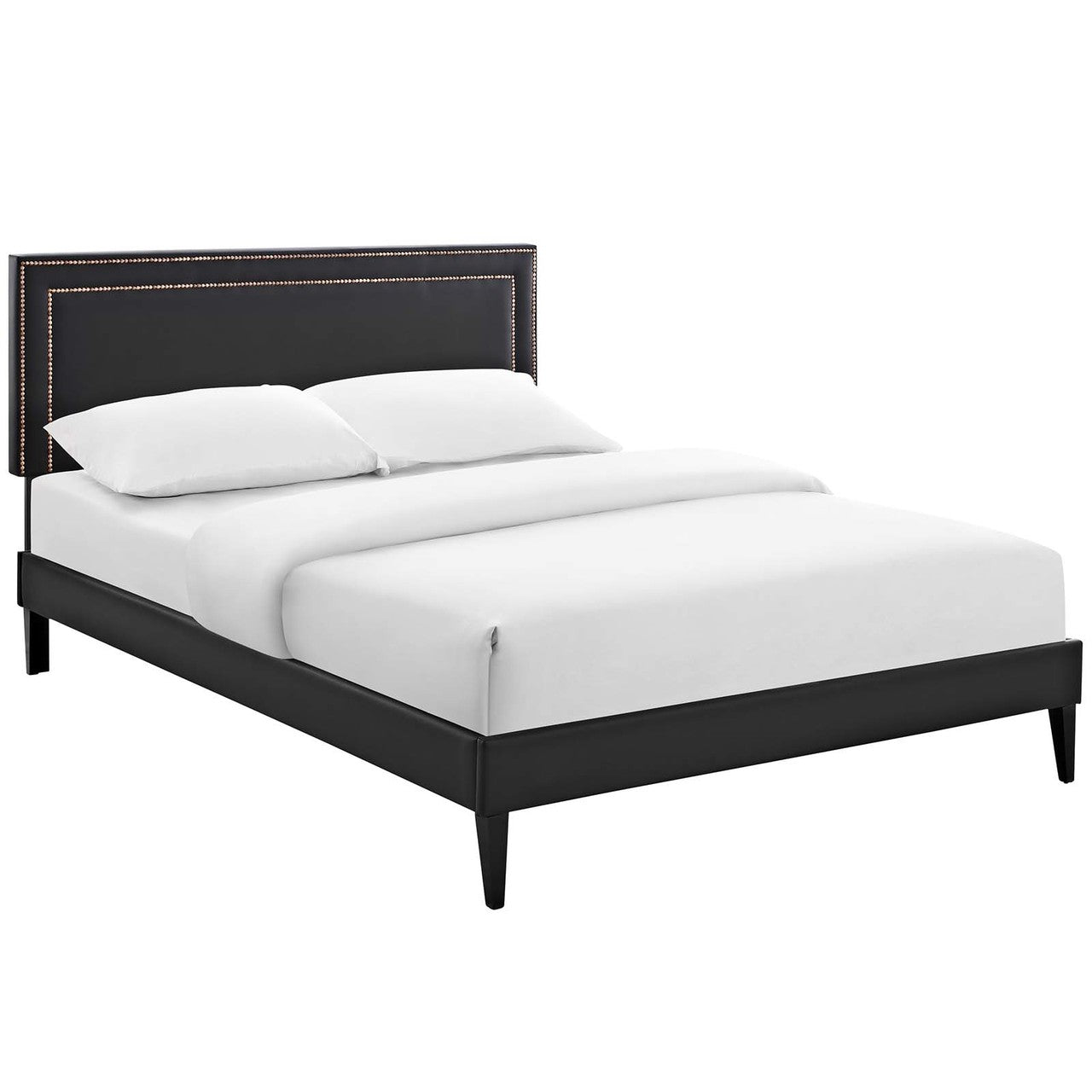 Virginia King Vinyl Platform Bed with Squared Tapered Legs, King Size, Faux Vinyl Leather Nail Rivet, Black, 14557