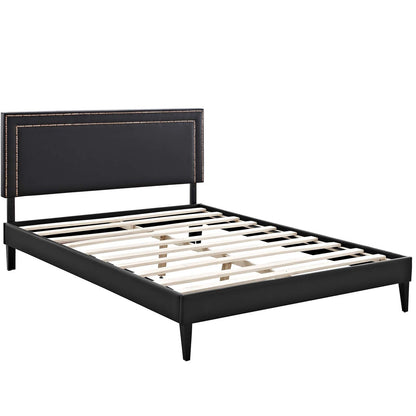 Virginia King Vinyl Platform Bed with Squared Tapered Legs, King Size, Faux Vinyl Leather Nail Rivet, Black, 14557