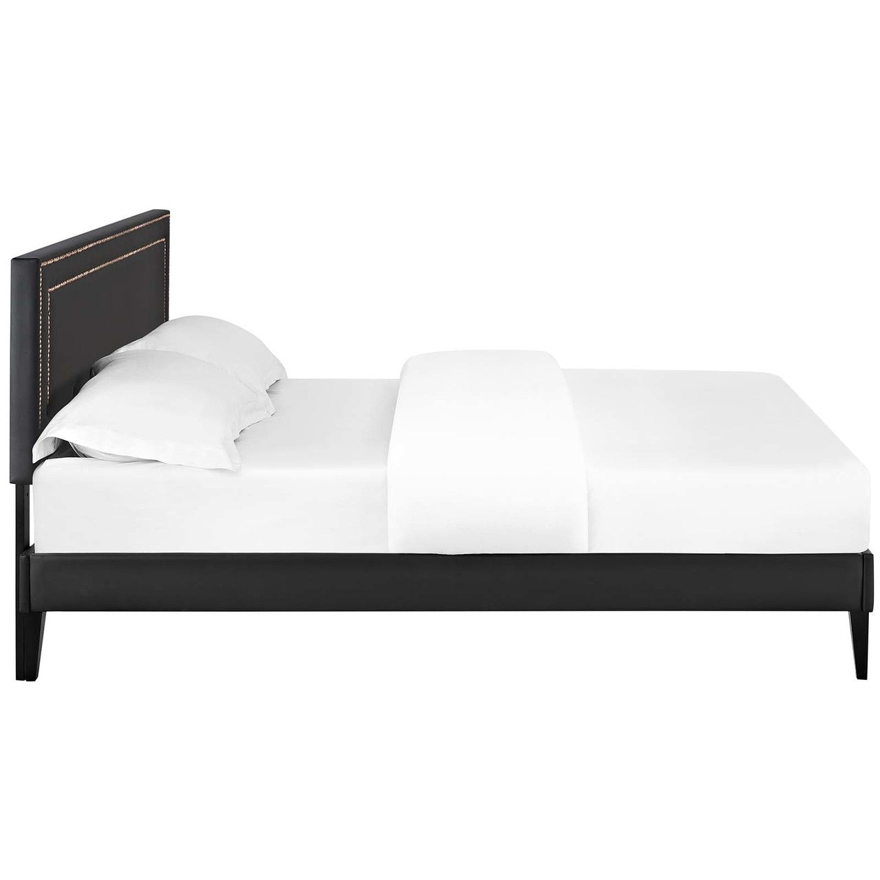 Virginia King Vinyl Platform Bed with Squared Tapered Legs, King Size, Faux Vinyl Leather Nail Rivet, Black, 14557