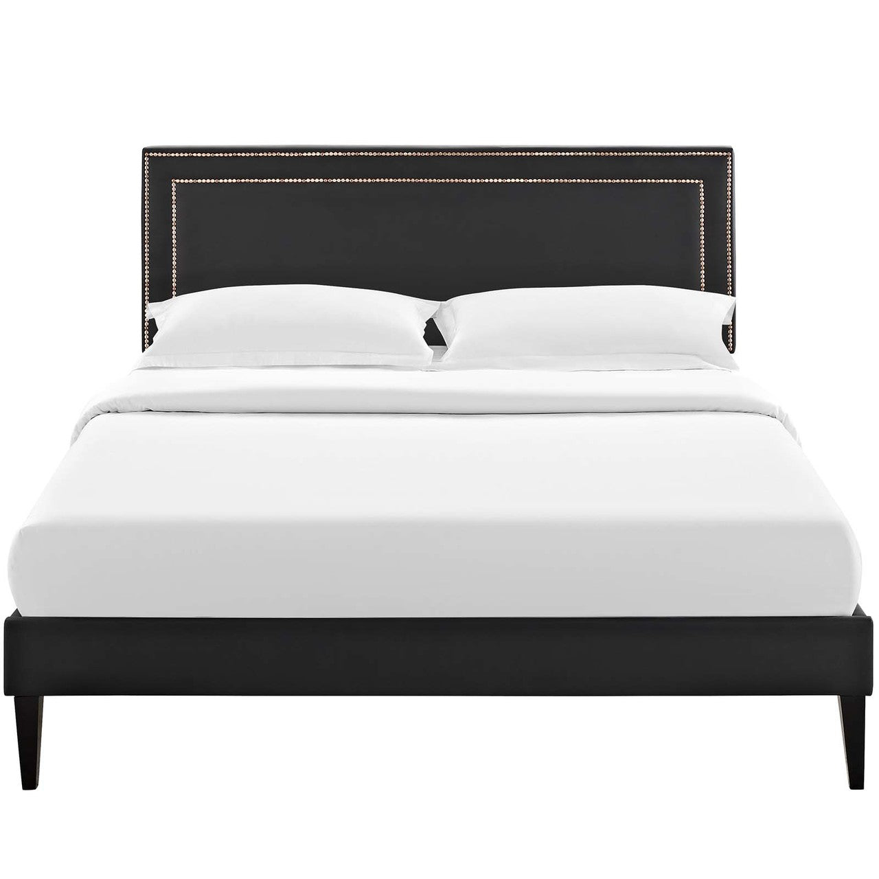 Virginia King Vinyl Platform Bed with Squared Tapered Legs, King Size, Faux Vinyl Leather Nail Rivet, Black, 14557